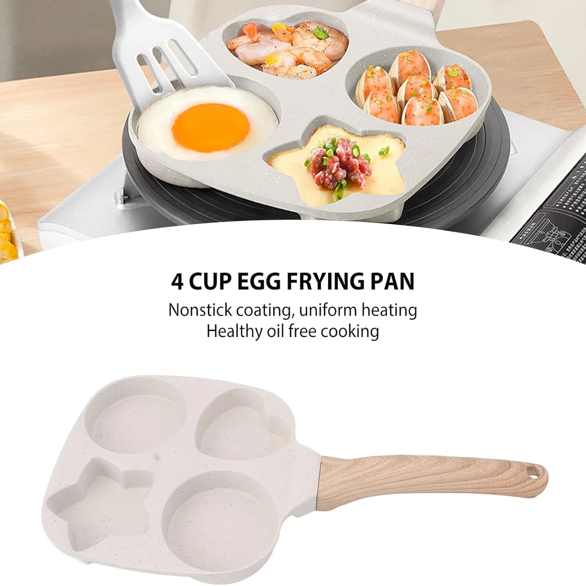 Egg Frying Pan 4 Cup Breakfast Egg Pancake Burger Cooker with Comfortable Wood Handle Non Stick Aluminum Alloy Fried Egg Pot for Kitchen