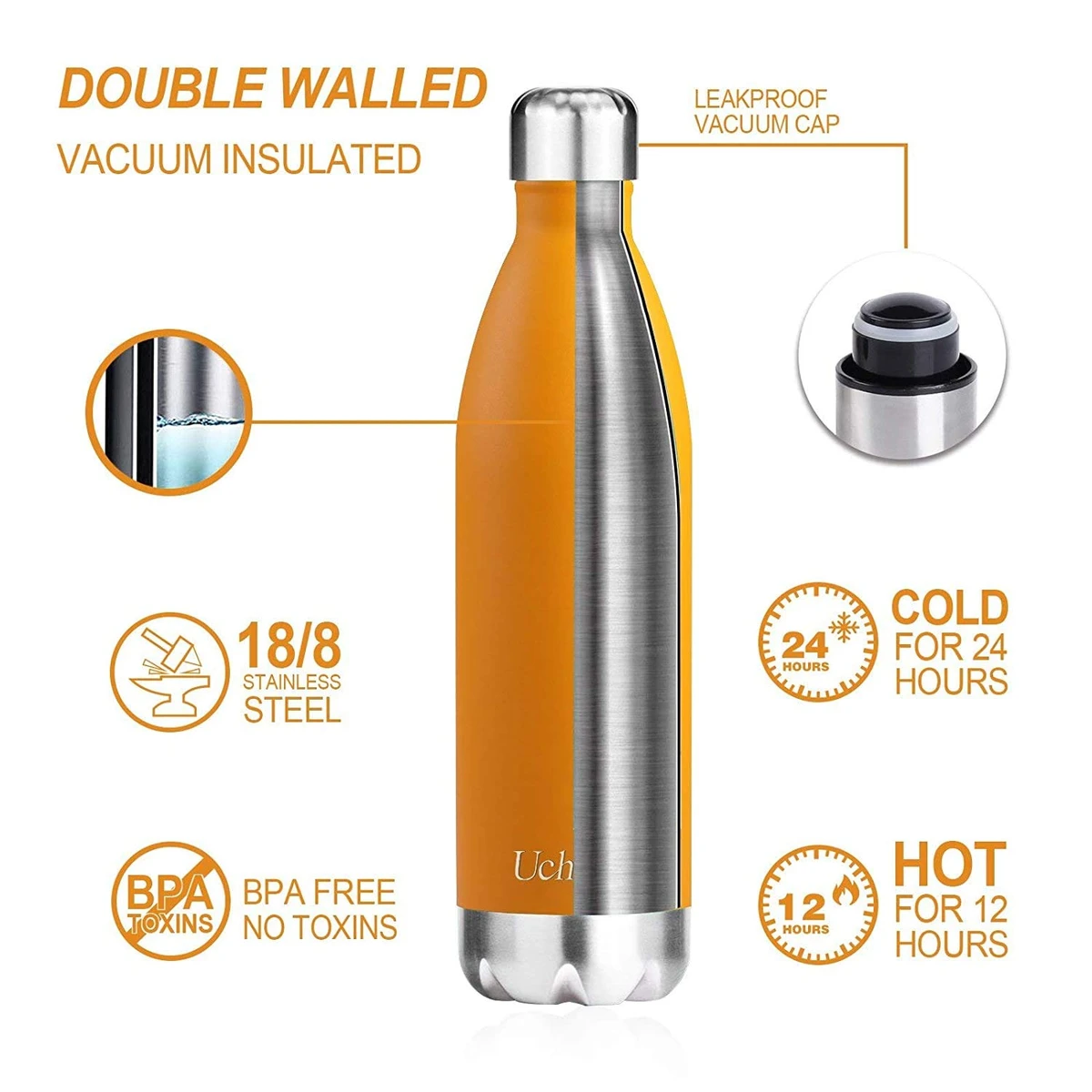 Stainless Steel Water Bottle, 500ml, Silver Double walled