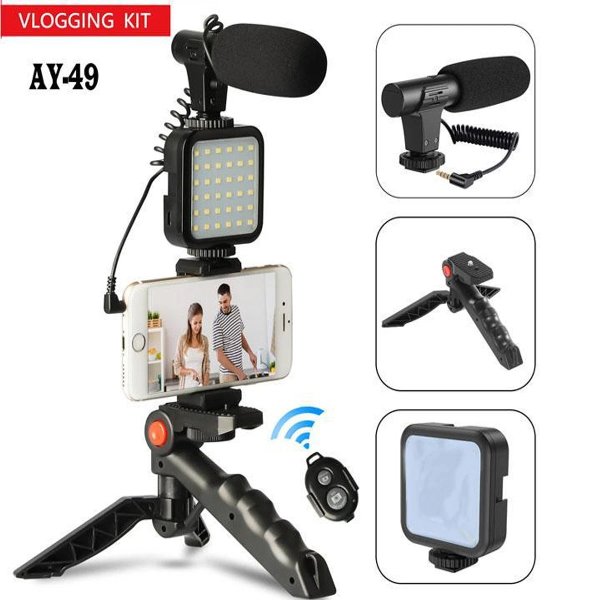 AY-49 Video Vlogger Kits Microphone LED Fill Light Mini Tripod For Phone Vlog Video Record Condenser Microphone