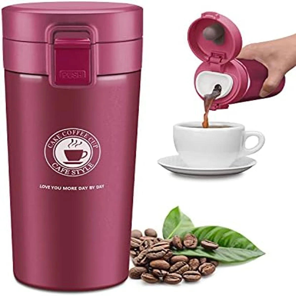 Stainless Steel Double Wall Vacuum Insulated Travel Coffee Mug with Handle/Portable Thermal Cup, Wide Mouth Tumbler with Lid, 380ml