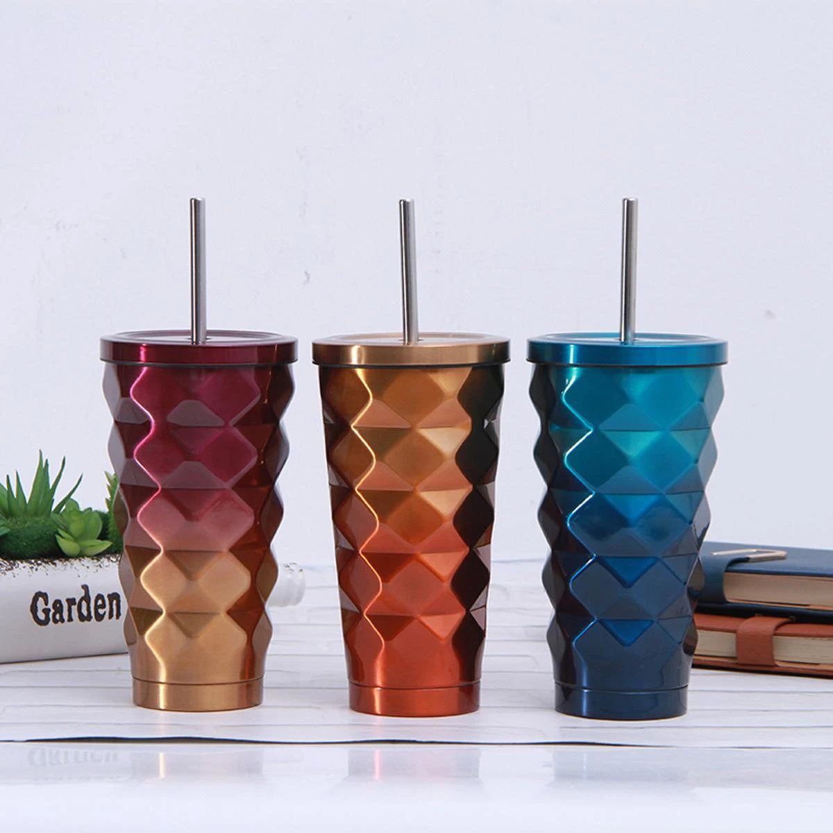 1pcs 500ML Stainless Steel Diamond Straw Water Cups with Lid Vacuum Insulated Double-Layer Thermos Bottle Creative Travel Coffee Mugs hot and cold