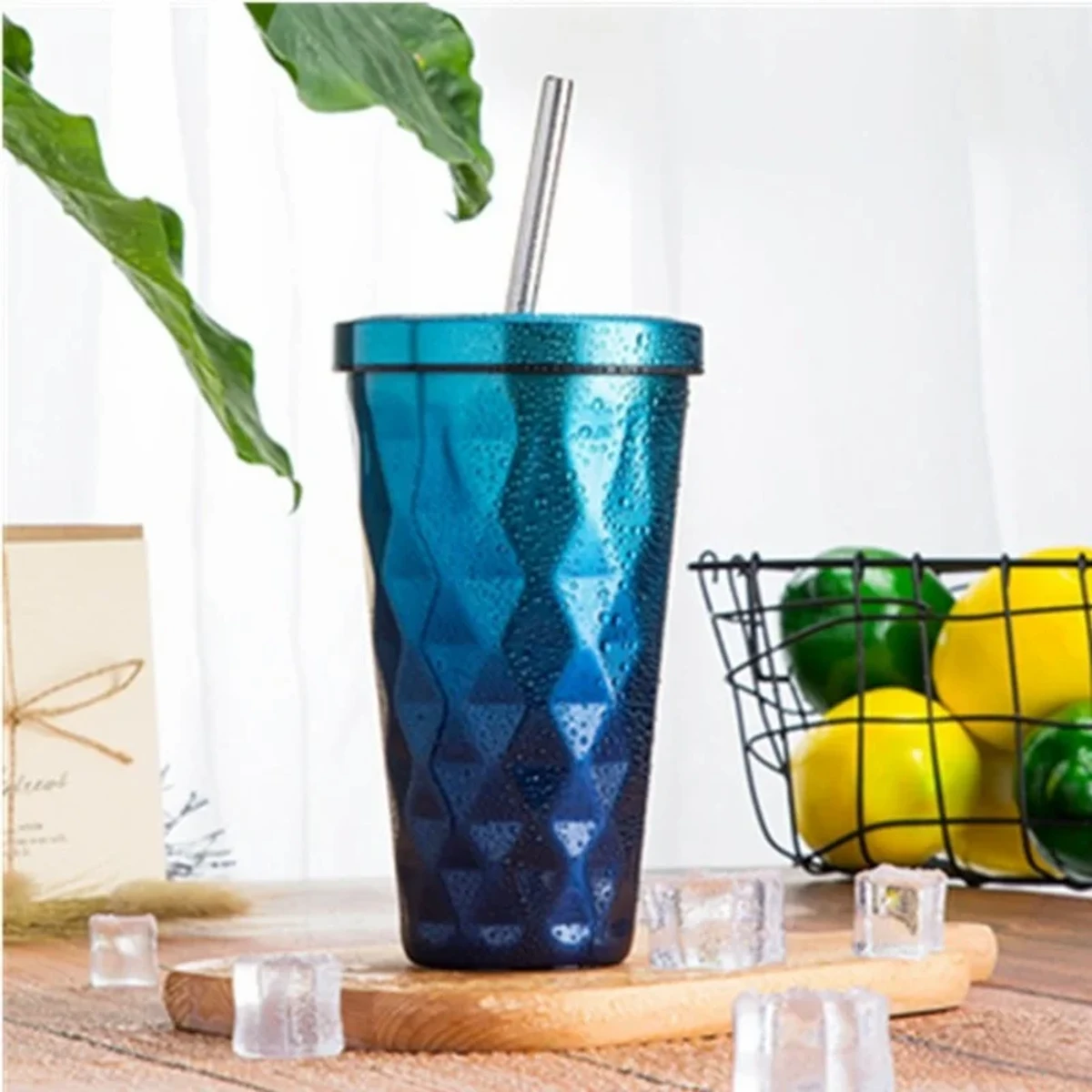 1pcs 500ML Stainless Steel Diamond Straw Water Cups with Lid Vacuum Insulated Double-Layer Thermos Bottle Creative Travel Coffee Mugs hot and cold