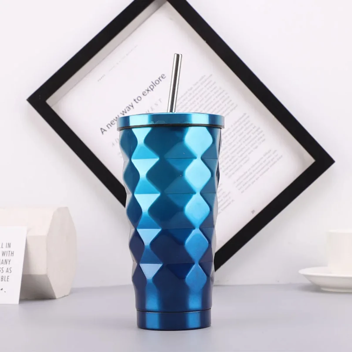 1pcs 500ML Stainless Steel Diamond Straw Water Cups with Lid Vacuum Insulated Double-Layer Thermos Bottle Creative Travel Coffee Mugs hot and cold