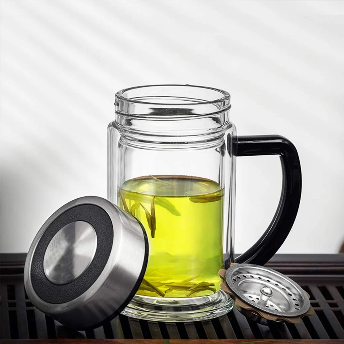 Office Glass Infuser Bottle Tea Tumbler Double Wall Glass Borosilicate Bottle Travel Mug Leakproof Tea Bottle with Strainer Carry Handle