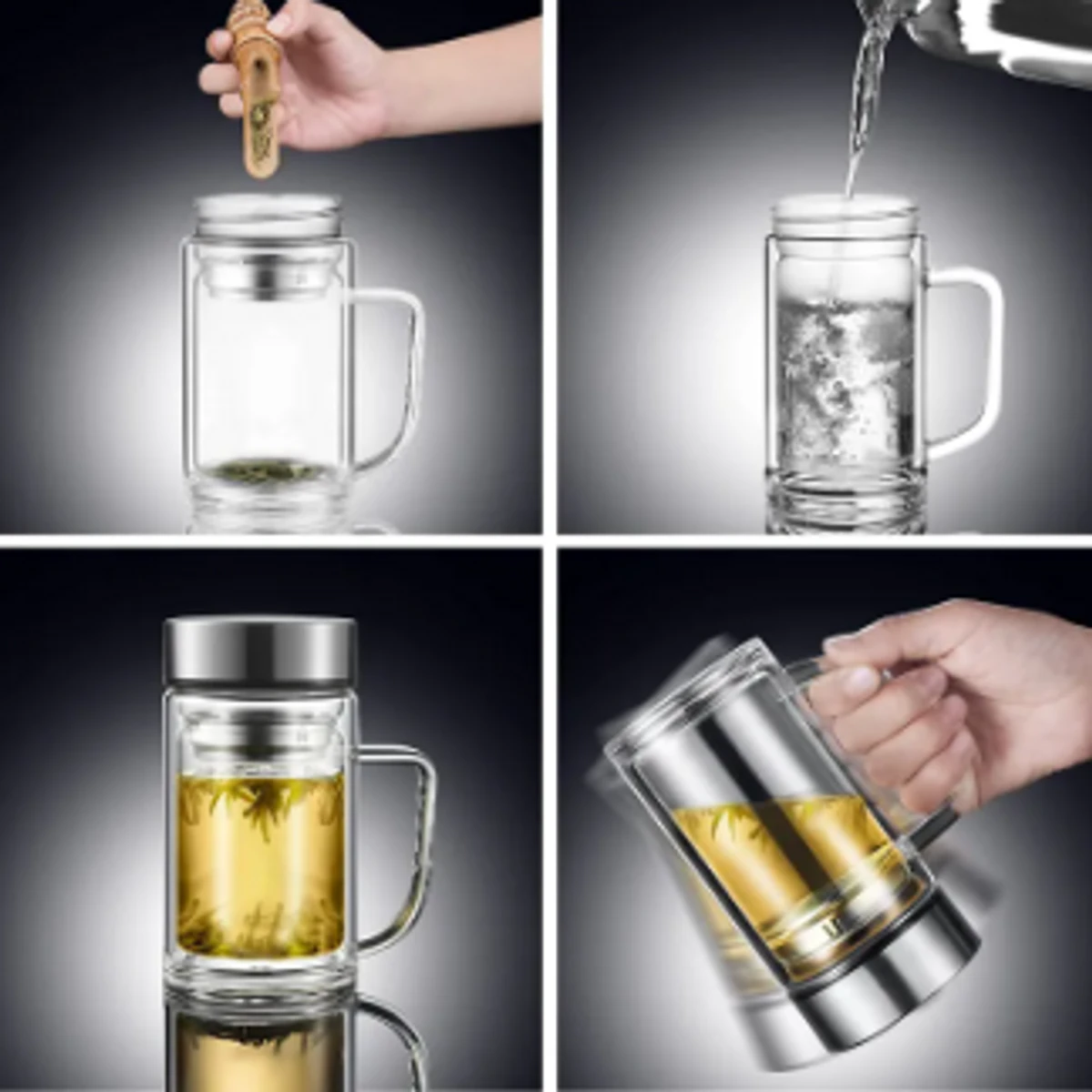 Office Glass Infuser Bottle Tea Tumbler Double Wall Glass Borosilicate Bottle Travel Mug Leakproof Tea Bottle with Strainer Carry Handle