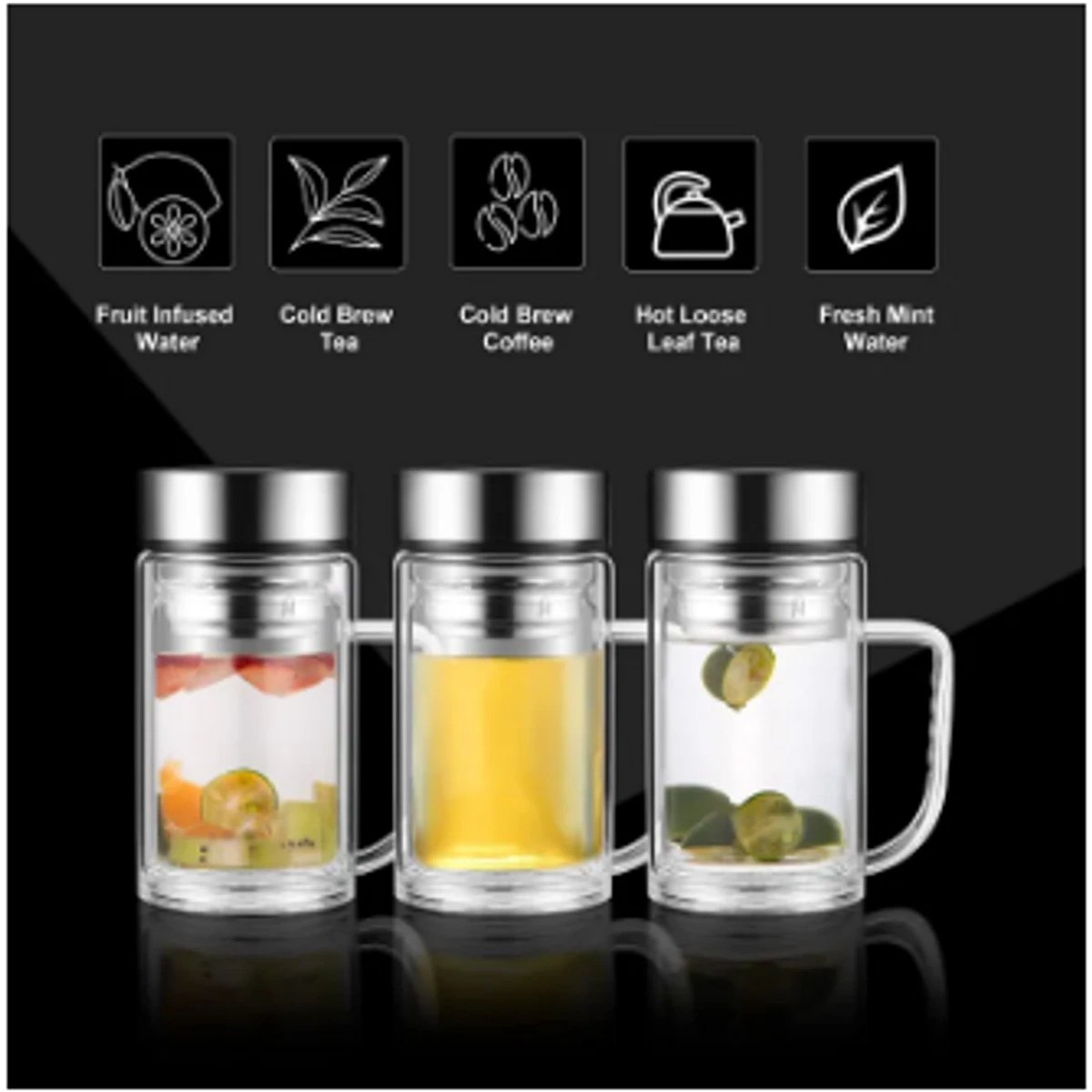 Office Glass Infuser Bottle Tea Tumbler Double Wall Glass Borosilicate Bottle Travel Mug Leakproof Tea Bottle with Strainer Carry Handle