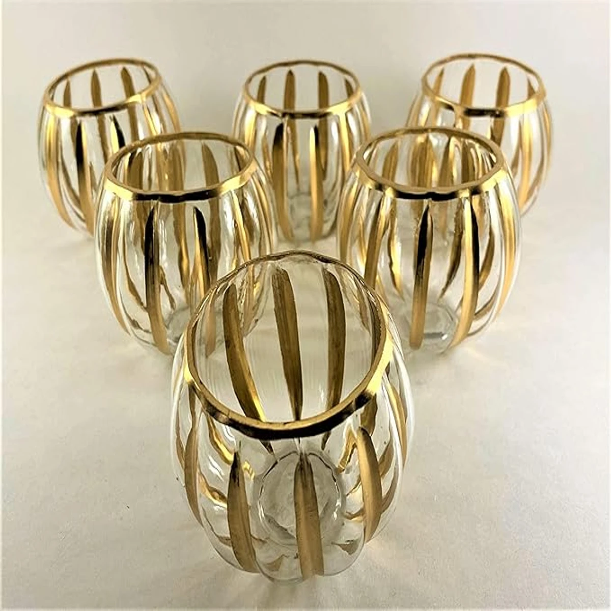 Set of 6 Hand-Crafted Votive Glass Candle Holders (Clear with Golden Stripes)