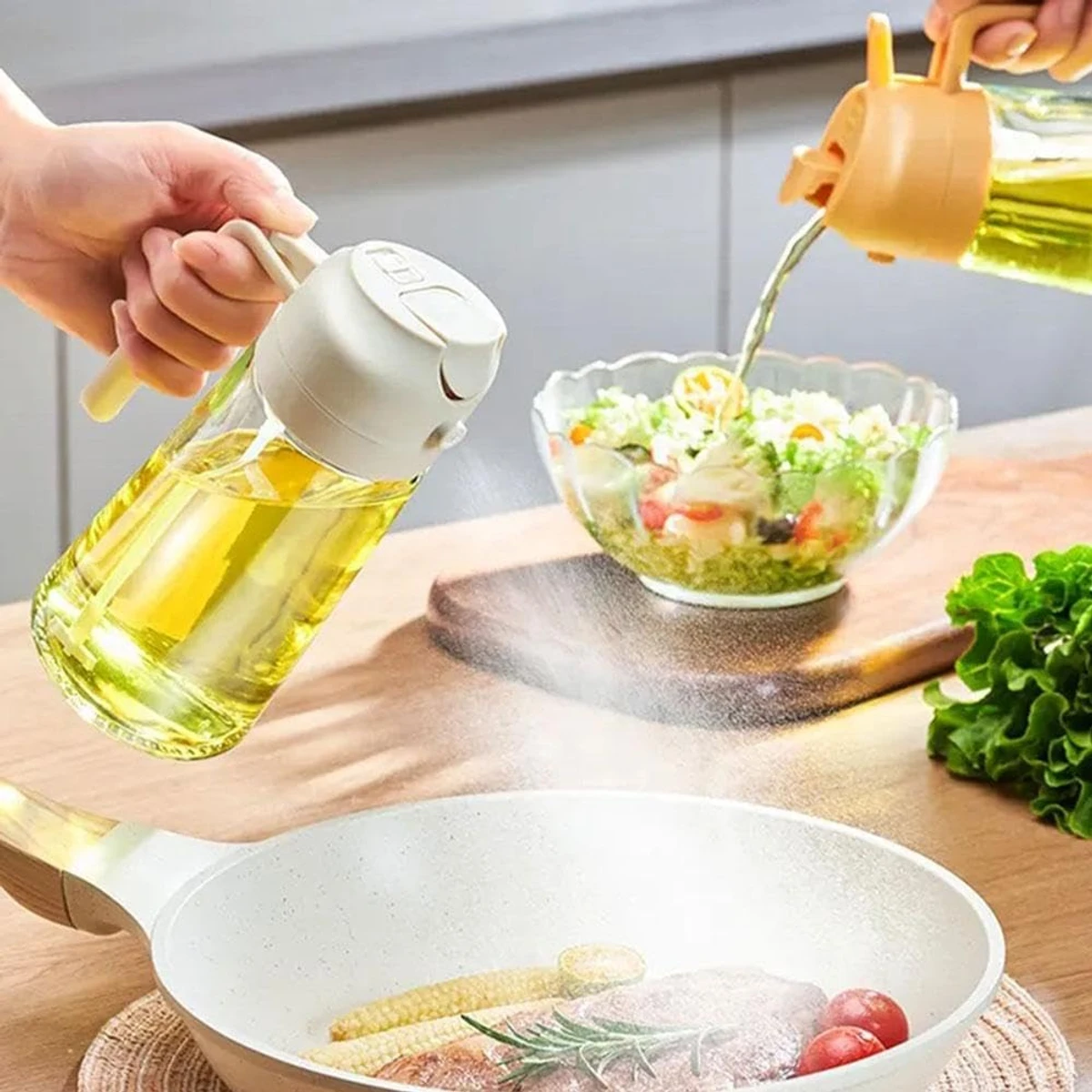 Oil Spray Bottle, 2-in-1 Oil Dispenser and Vinegar Sprayer, 15.2oz/450ml Glass Cooking Oil Preparation Dispensers for Kitchen Cooking Air Fryer Salad Baking BBQ