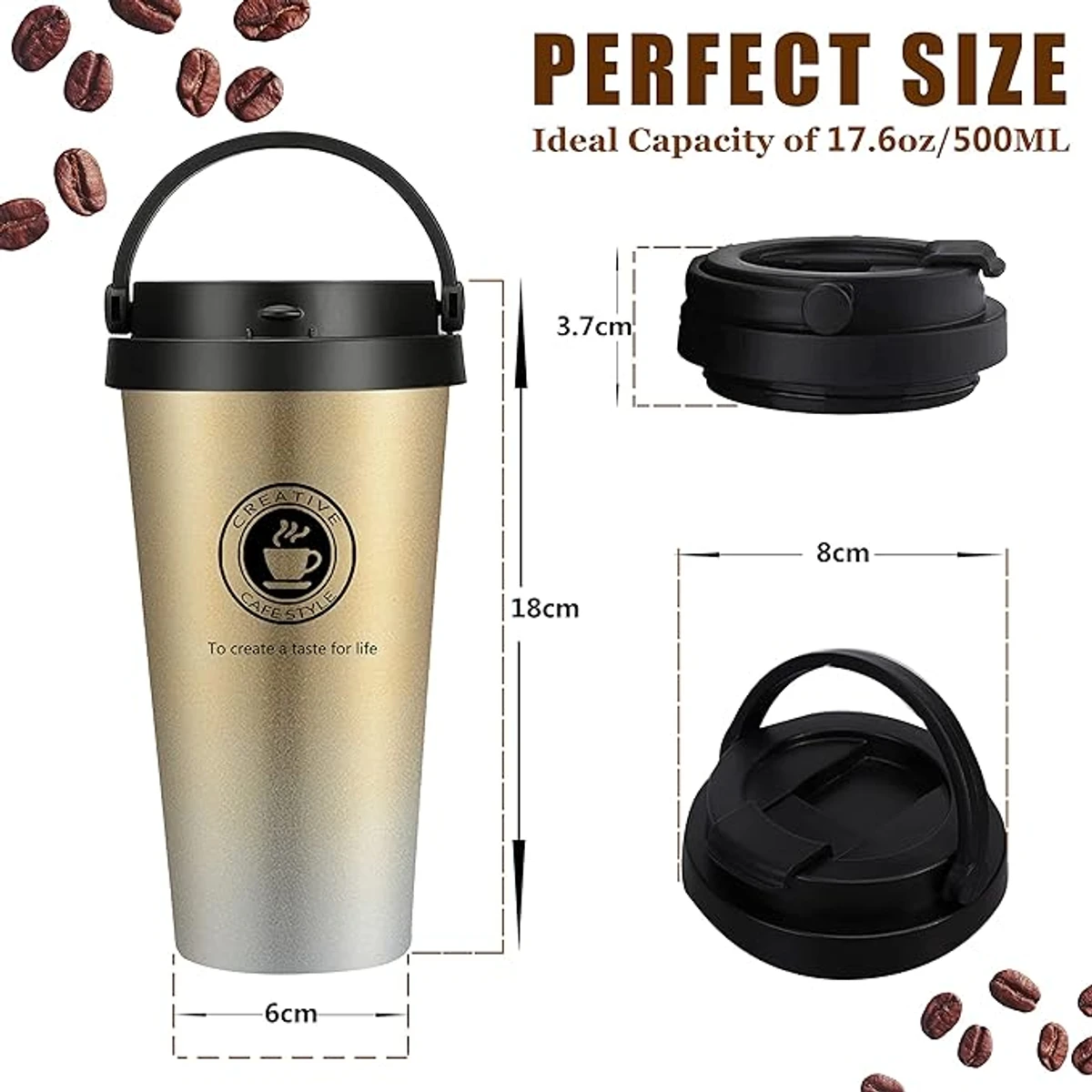 Stainless Steel Car Coffee Mug for Hot and Cold Water Coffee and Tea, 500ml17oz (Gradient Gold)