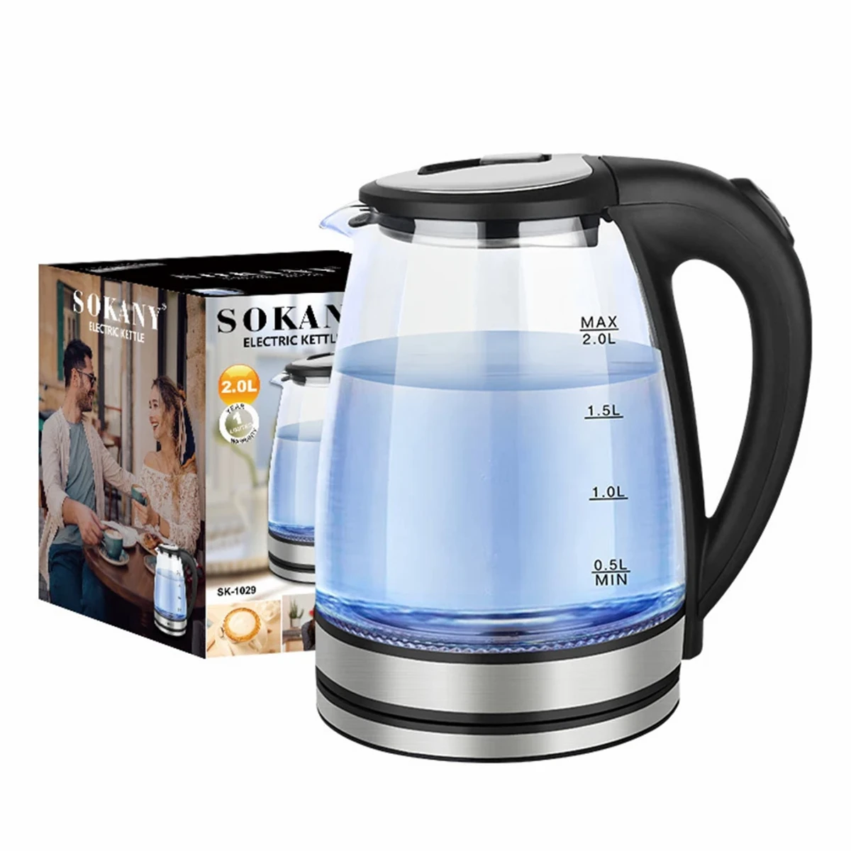 SK1029 Electric Kettle with Stainless Steel Filter and Inner Lid, 1500W Wide Opening 2L Glass Tea Kettle & Hot Water Boiler