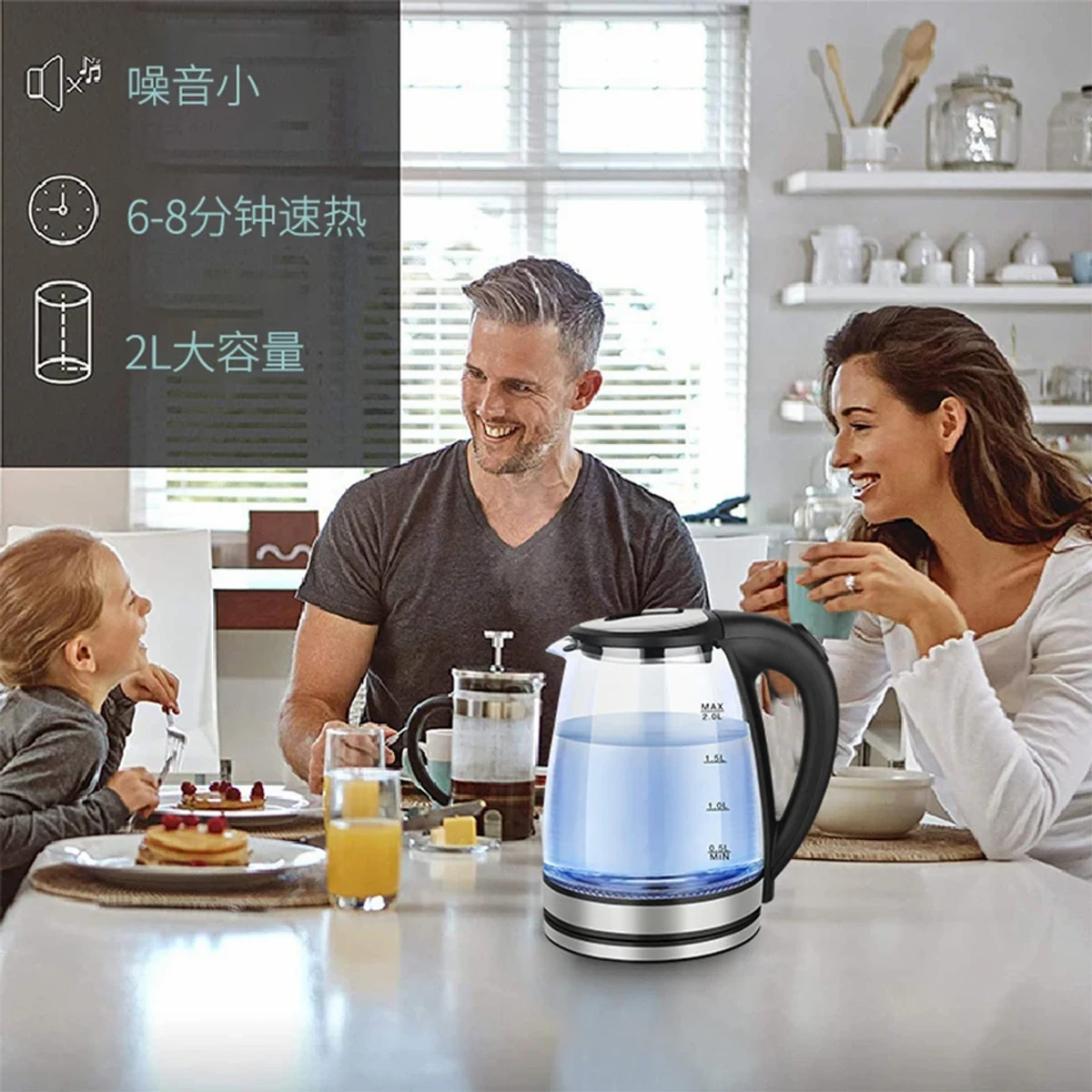 SK1029 Electric Kettle with Stainless Steel Filter and Inner Lid, 1500W Wide Opening 2L Glass Tea Kettle & Hot Water Boiler