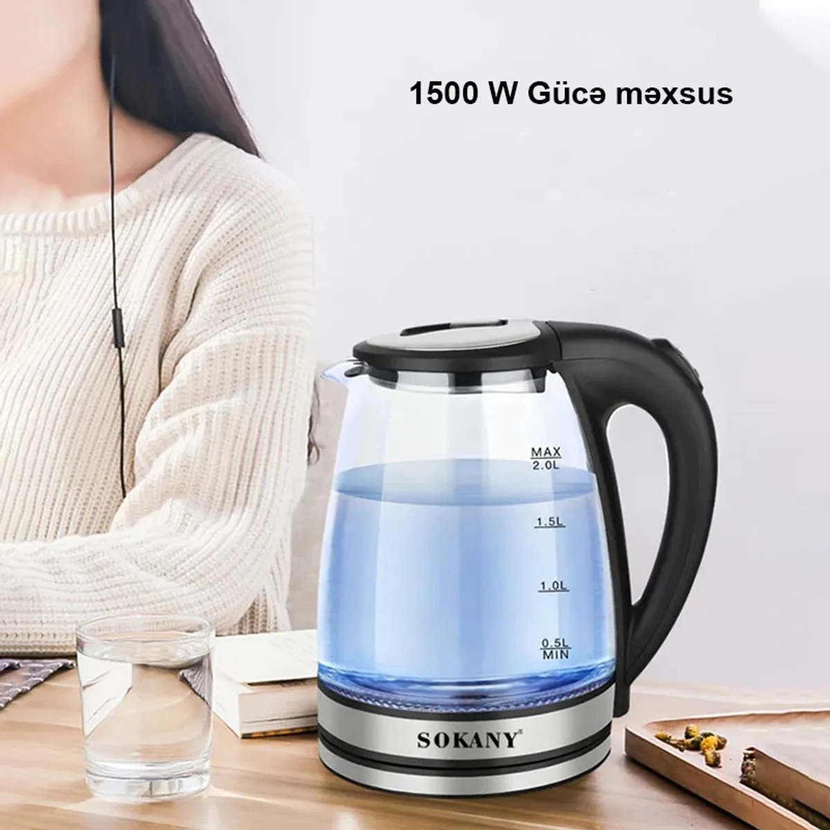 SK1029 Electric Kettle with Stainless Steel Filter and Inner Lid, 1500W Wide Opening 2L Glass Tea Kettle & Hot Water Boiler