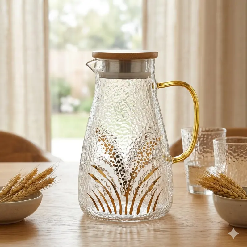 Premium Borosilicate Golden Printed Jug With Wooden Lid