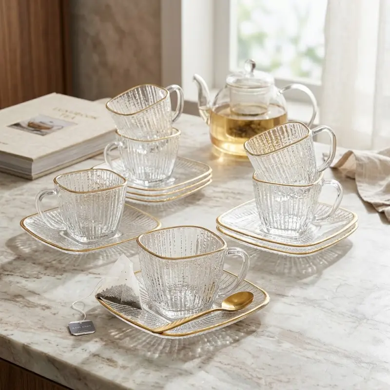 Luxury Gold-Rimmed Fluted Square Glass Tea Cup & Saucer Set (6-Piece)