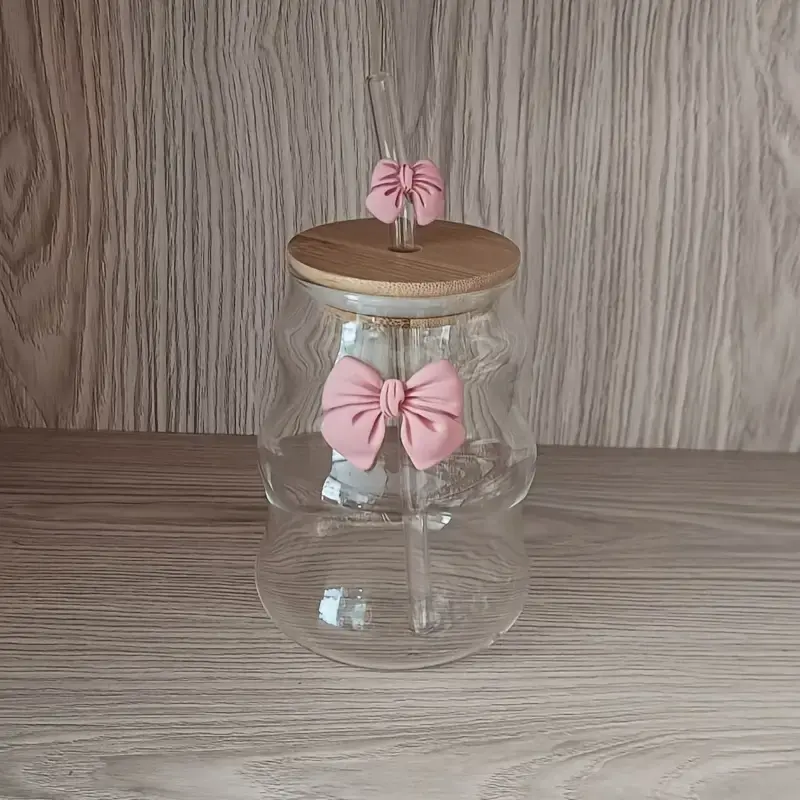 Premium Wavy Ripple Glass Tumbler with 3D Bows & Bamboo Lid