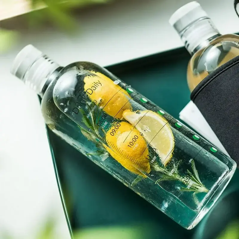 Large Capacity Glass Water Bottle With Time Marker Cover For Water Drink Transparent Milk Juice Simple Cup Birthday Gift