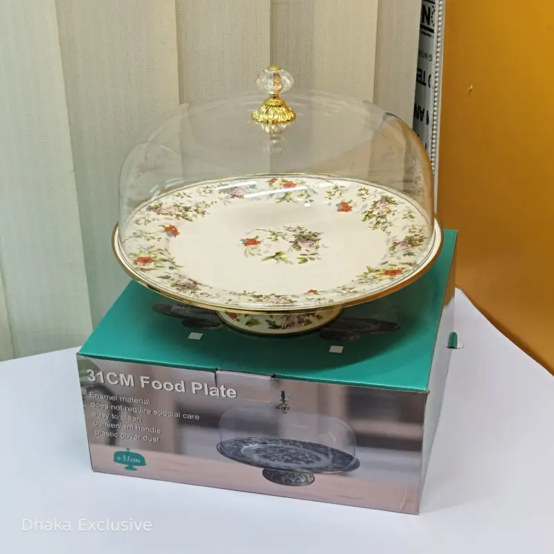 Luxury Enamel Serving Tray with Acrylic Dome Lid For Cake Bread Sweet