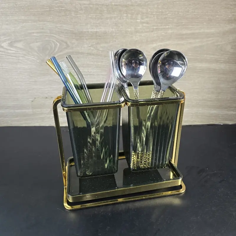 Elegant Cutlery Holder - Gold-Finished Stand Green
