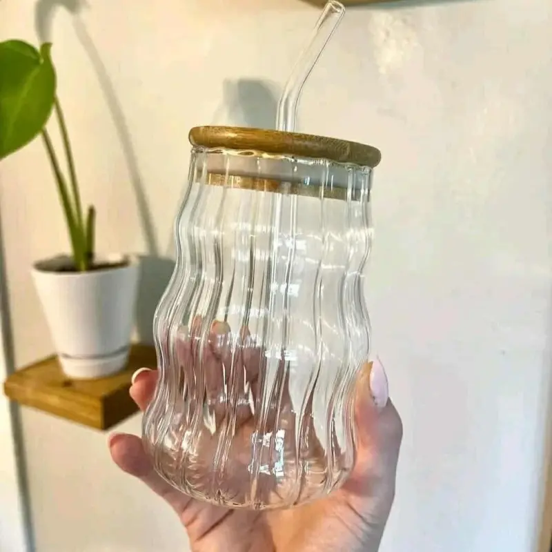 Ribbed Origami Style Glass Cup with Bamboo Lid and Straw