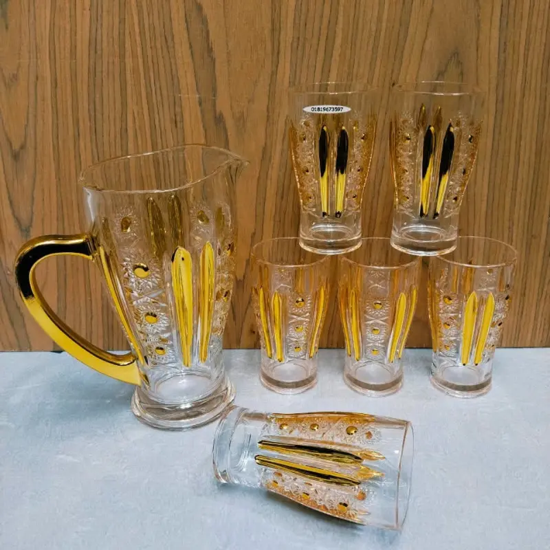 Elegant 7 Pcs Glass Water Jug & Glass Set with Gold Accents