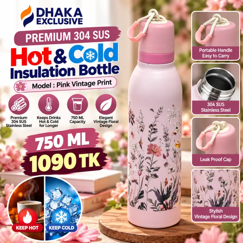 750 ML Premium 304 SUS Hot & Cold Insulation Bottle ( Model : Pink Vintage Print )