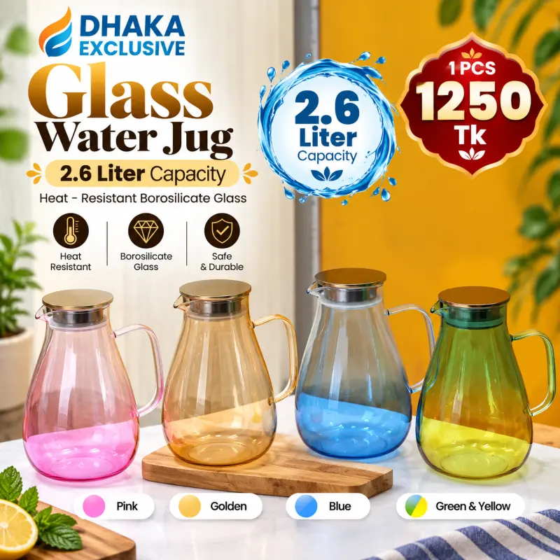 2.6 Liter Heat-Resistant Colourful Borosilicate Glass Water Jug (1 Pcs)