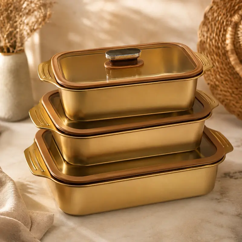 3pcs Golden Stainless Steel Serving Dish With Glass Lid ( Model : Deep Stripe )