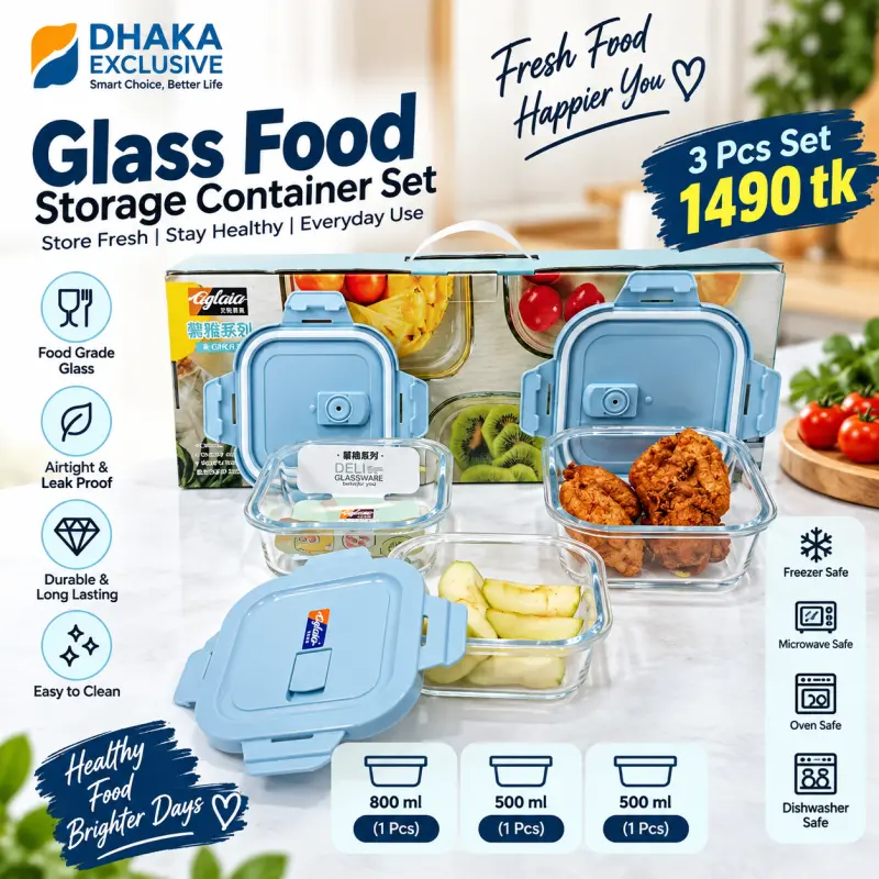3 Pcs Square Oven Proof Glass Air Tight Bati Set With Lid