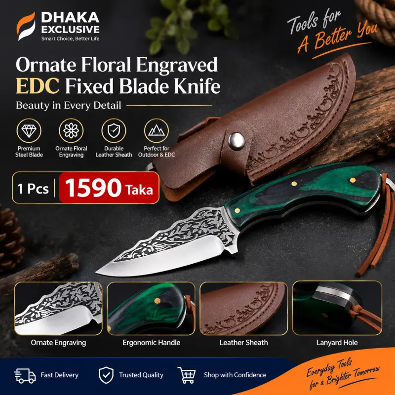 Ornate Floral Engraved EDC Fixed Blade Knife with Leather Sheath (Green)
