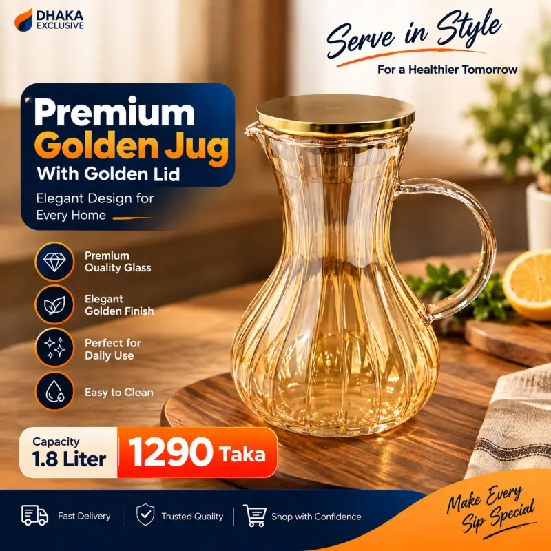 Premium Golden Borosilicate Glass Jug With Golden Lid (Model-3)