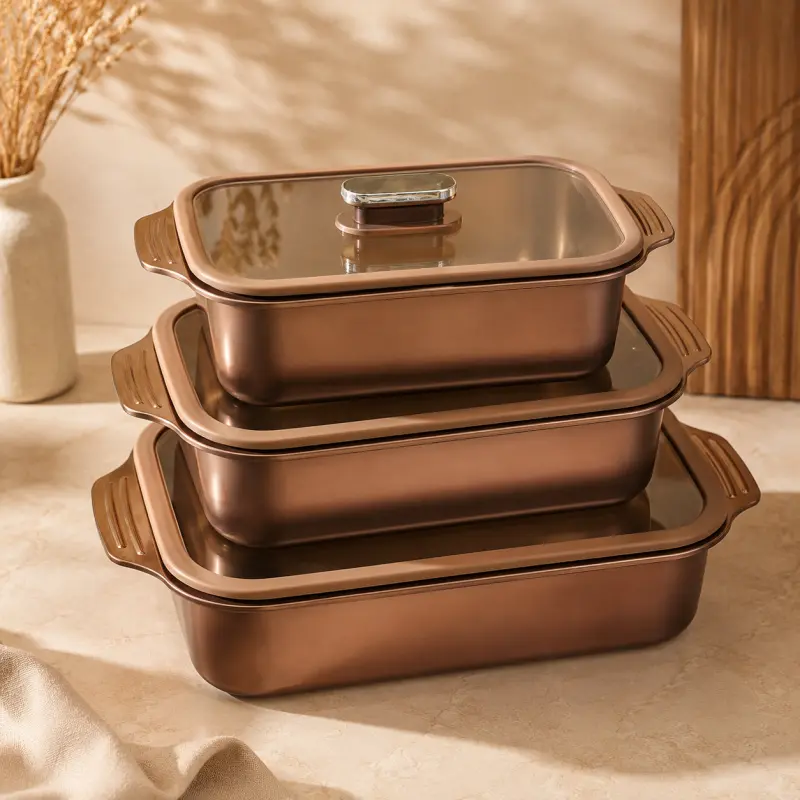 3pcs Rose Gold Stainless Steel Serving Dish With Glass Lid ( Model : Deep Stripe )