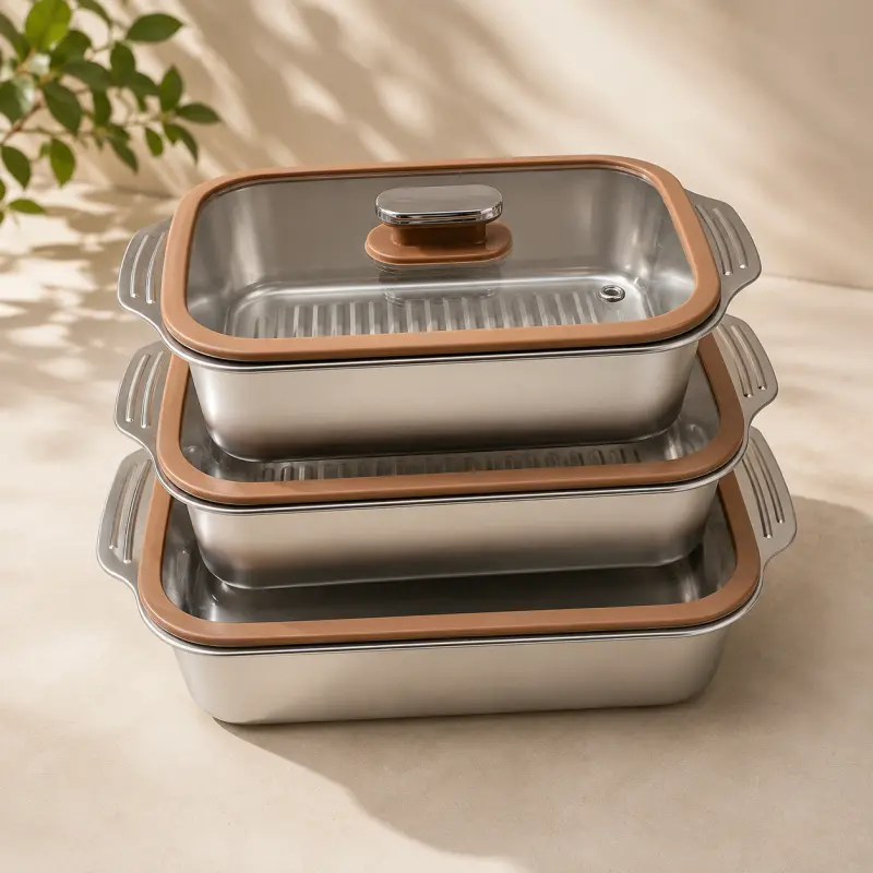 3pcs Silver Stainless Steel Serving Dish With Glass Lid ( Model : Deep Stripe )