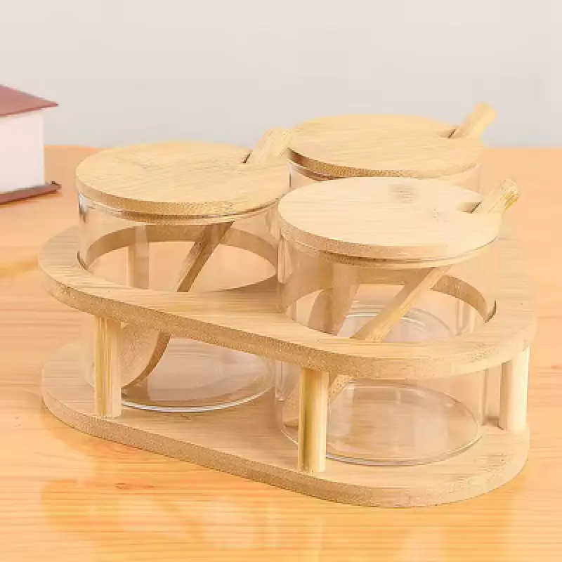 Glass Food Storage Jar Container Modern Custom Seasoning Spice Jar With Bamboo Lid 3Jar Set Packing 330ml