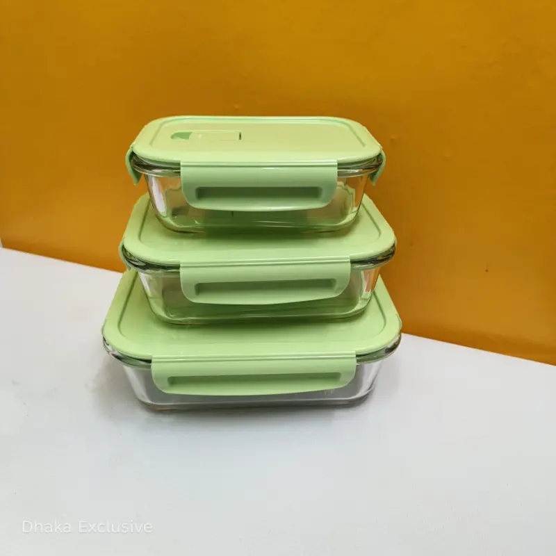 (Green) Borosilicate Glass Food Container Set with Airtight Lids