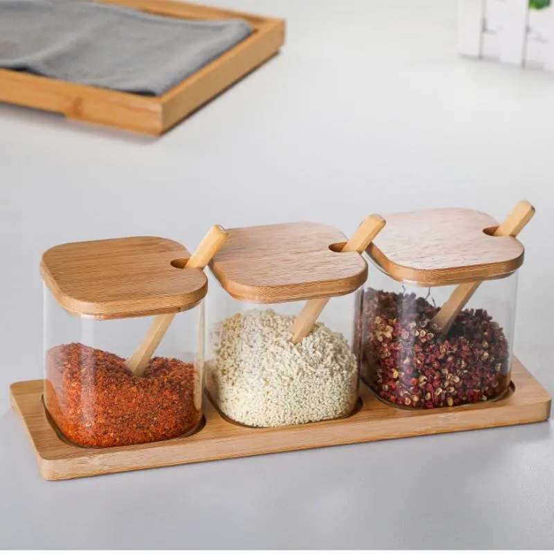 3PCS Condiment Glass Spice Jar Set Glass Condiment Pot Set with Lids Spoons and Bamboo Tray Dust-Proof Seasoning Spice Container