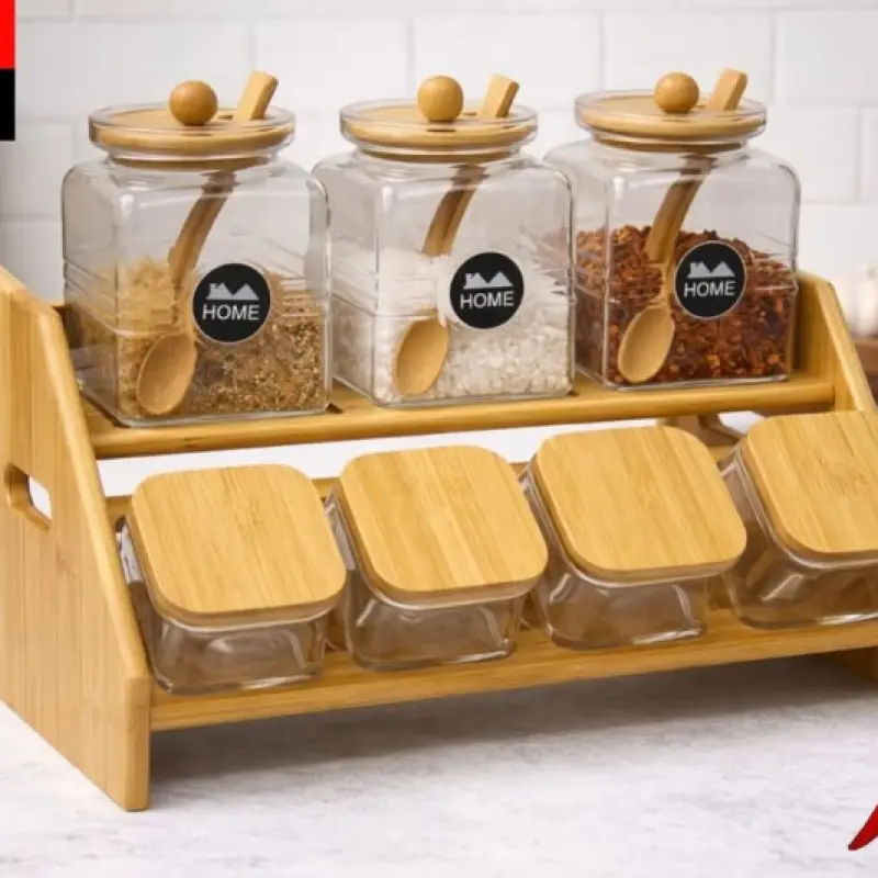 7-Piece Premium Glass & Bamboo Spice Jar Set with Wooden Rack