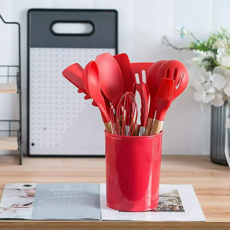 12 Pcs Silicone Kitchen Utensils Set with Wooden Handle