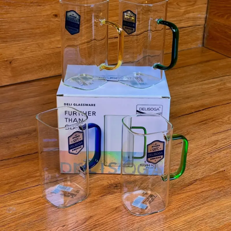 Delisoga Square Glass Mug Set with Colored Handles (4pcs)