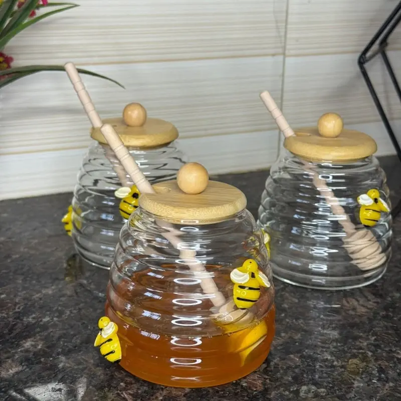 Bee Honey Jar with Wooden Dipper