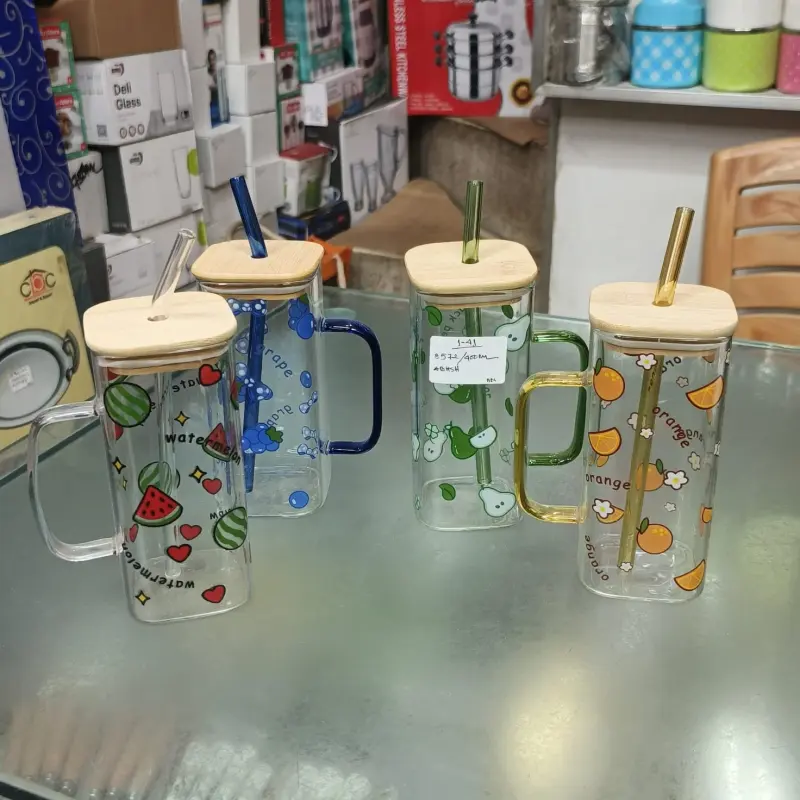 ( 4Pcs Set ) Square Glass Tumbler with Bamboo Lid and Straw