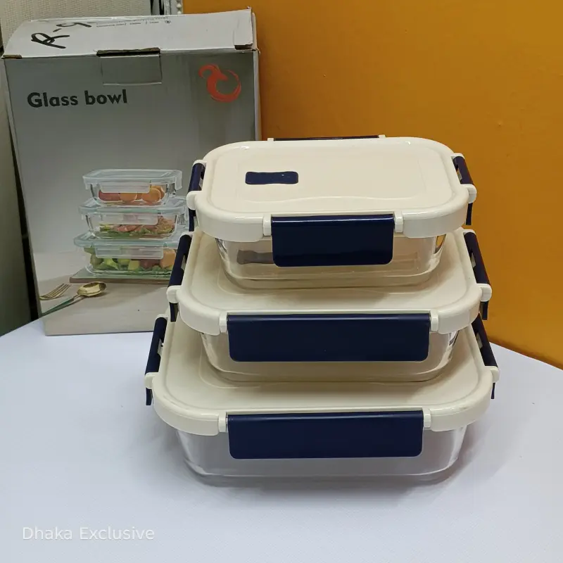 ( White and Blue ) Borosilicate Glass Food Container Combo Set