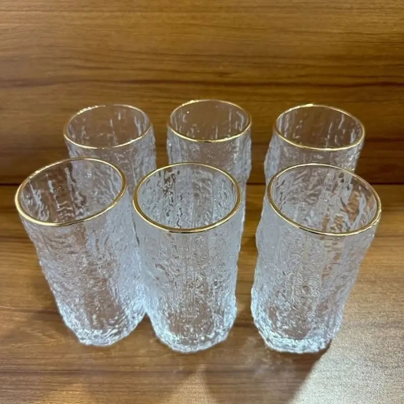 Premium Gold-Rimmed Textured Glass Set (6 Pcs)