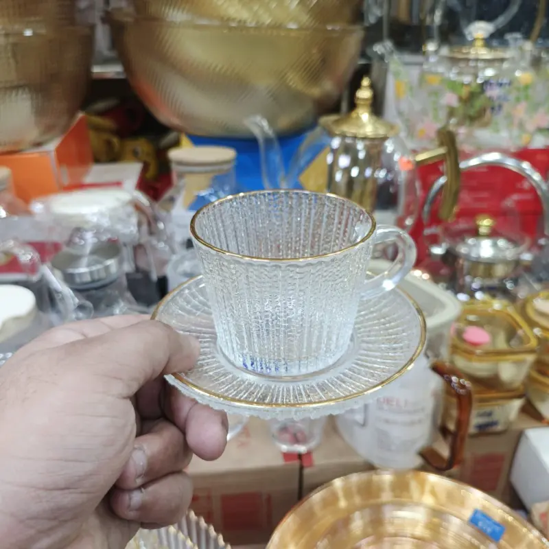 Premium Ribbed Glass Tea Cup & Saucer Set with Gold Rim