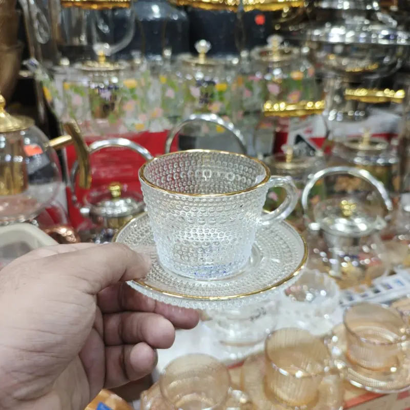 Premium Ribbed Glass Tea Cup & Saucer Set with Gold Rim