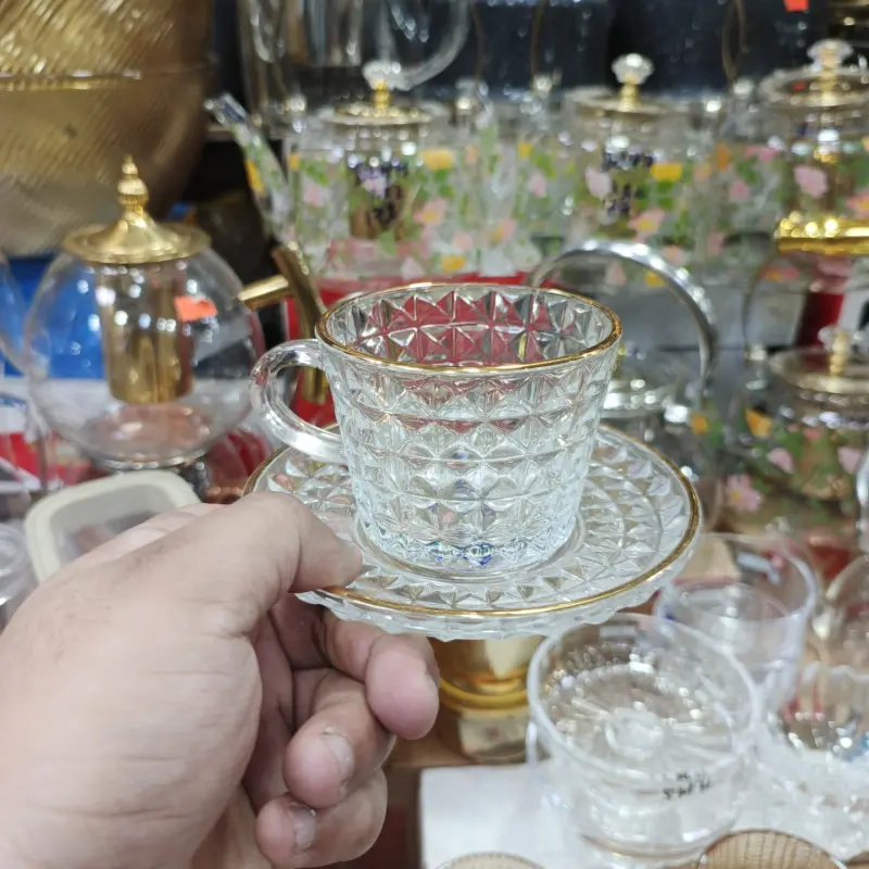 Premium Ribbed Glass Tea Cup & Saucer Set with Gold Rim