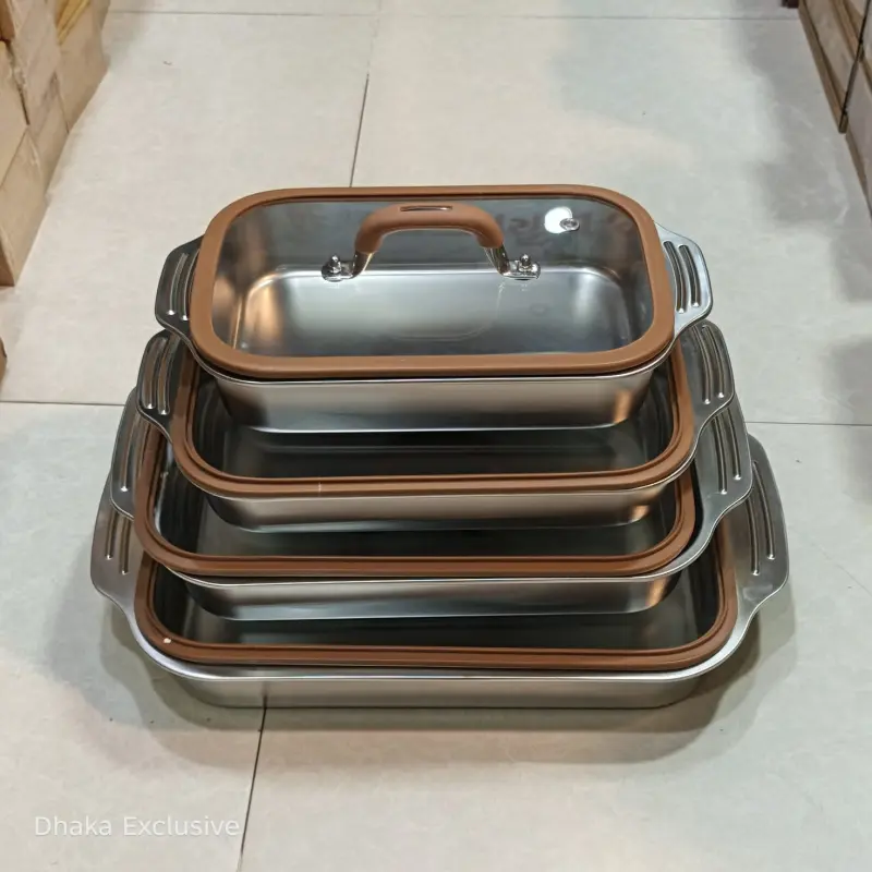 Silver Stainless Steel Serving Dish With Glass Lid ( Model : Flat Plane)