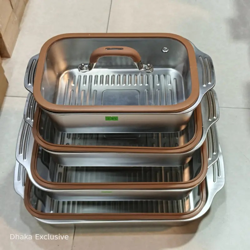 Silver Stainless Steel Serving Dish With Glass Lid ( Model : Deep Stripe )