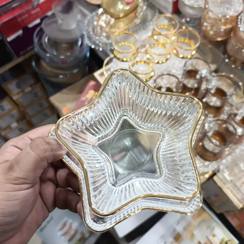 Star Shape 6pcs Bati + 6pcs Saucer Set (Model : Stripe Golden Rim)