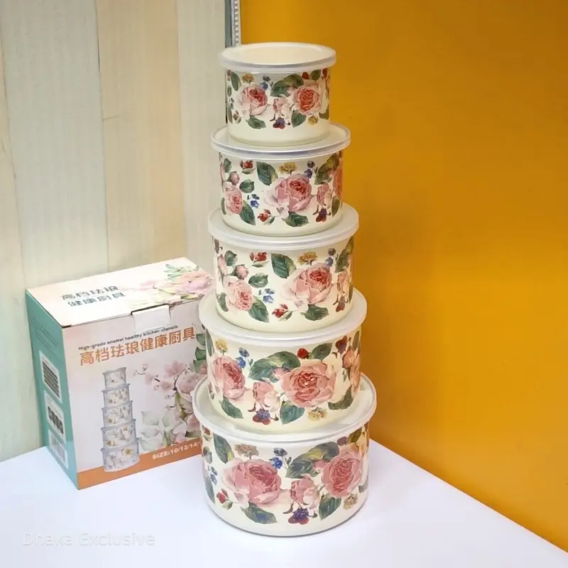 5pcs Enamel Multi Purpose Storage Bati Set (Big Rose )