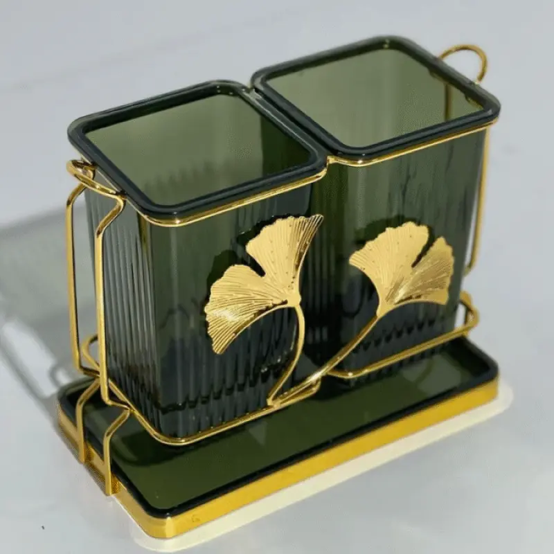 Luxury Double Glass Spoon Holder with Ginkgo Leaf Design